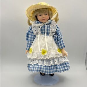 Porcelain Doll with Blue and White Checkered Dress with Straw Hat
